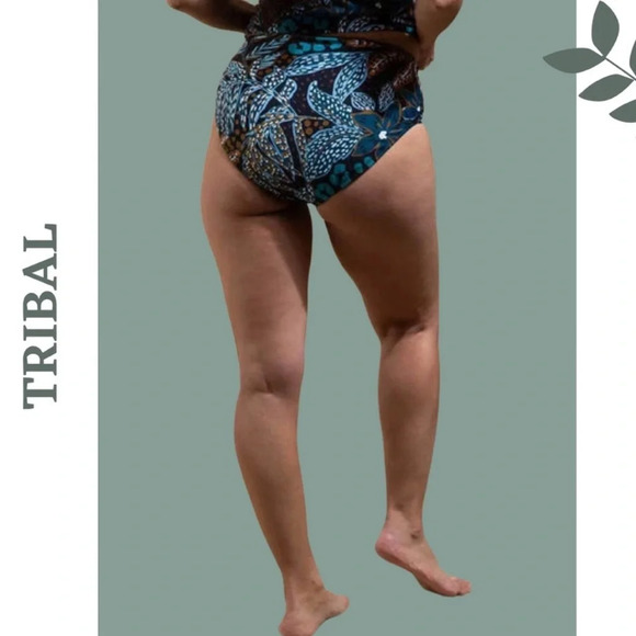 Tribal Reversible High-Waist Bikini Bottoms UPF 50 Atlantic Black Blue Green - Picture 1 of 5